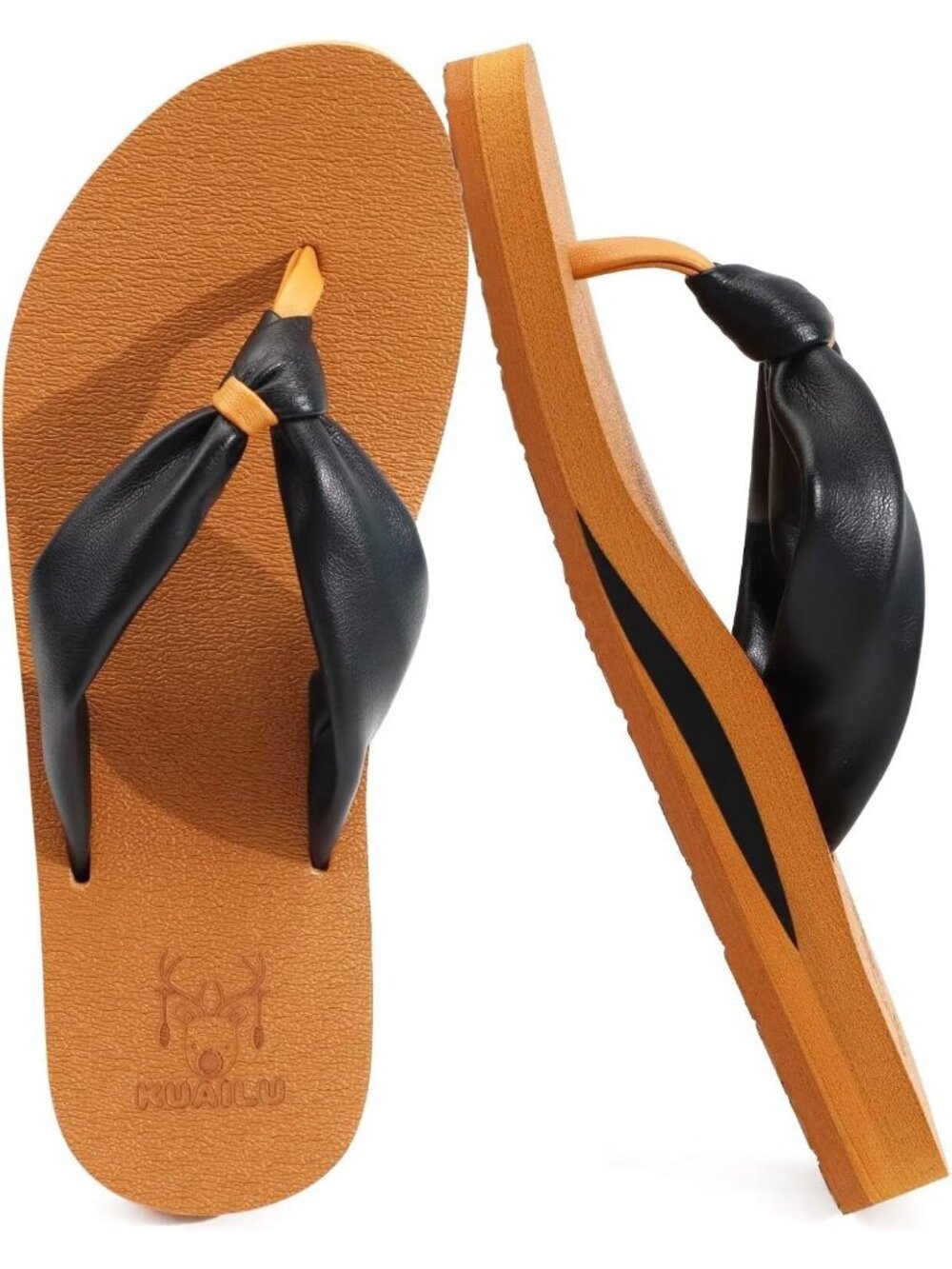 Women's Khaki Black Faux Leather Flip Flops With Arch Support Outdoor Slippers